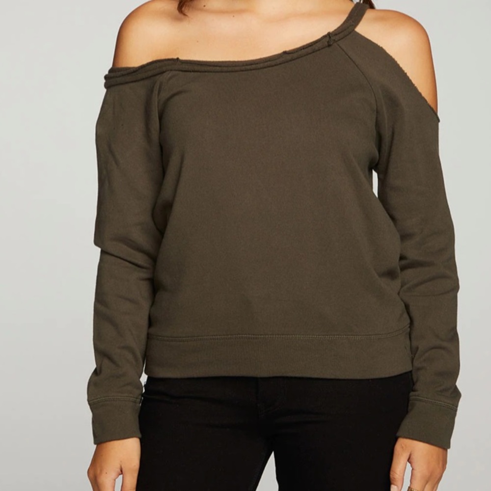 CHASER Cotton Fleece Vented Off Shoulder Pullover Long Raglan Sleeve NWT